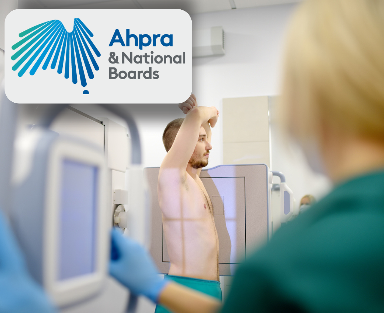 A man is receiving a lateral chest X-ray.
