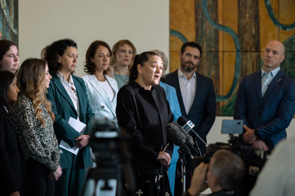 ASMIRT President Naomi Gibson speaking about placement poverty at a press conference at Parliament House.